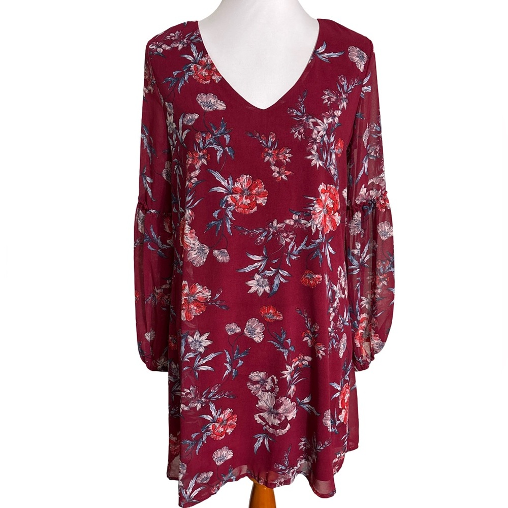 Francesca's Collections Burgundy Floral Shift Dress Long Bell Sleeves